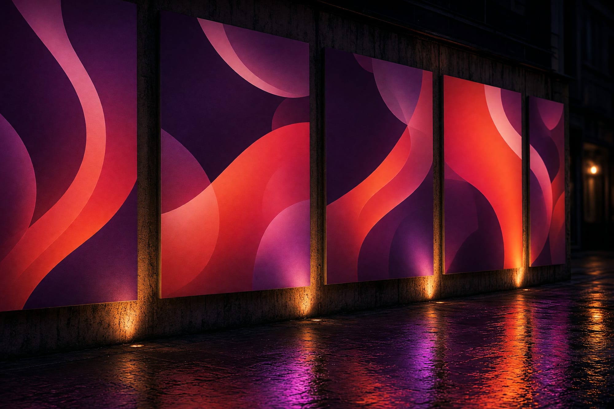 Campaign posters glowing on a city wall at night