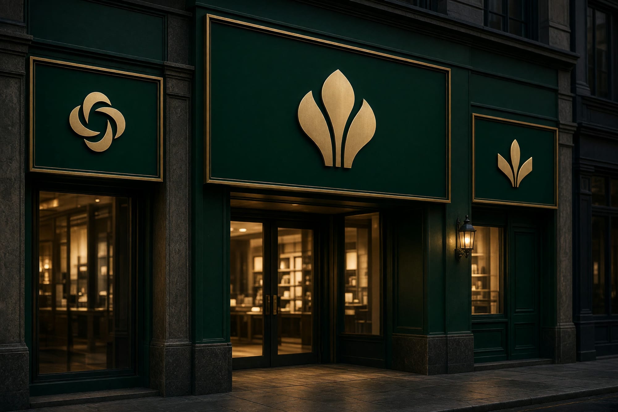 Three emerald and brass bank signs of different sizes along a street