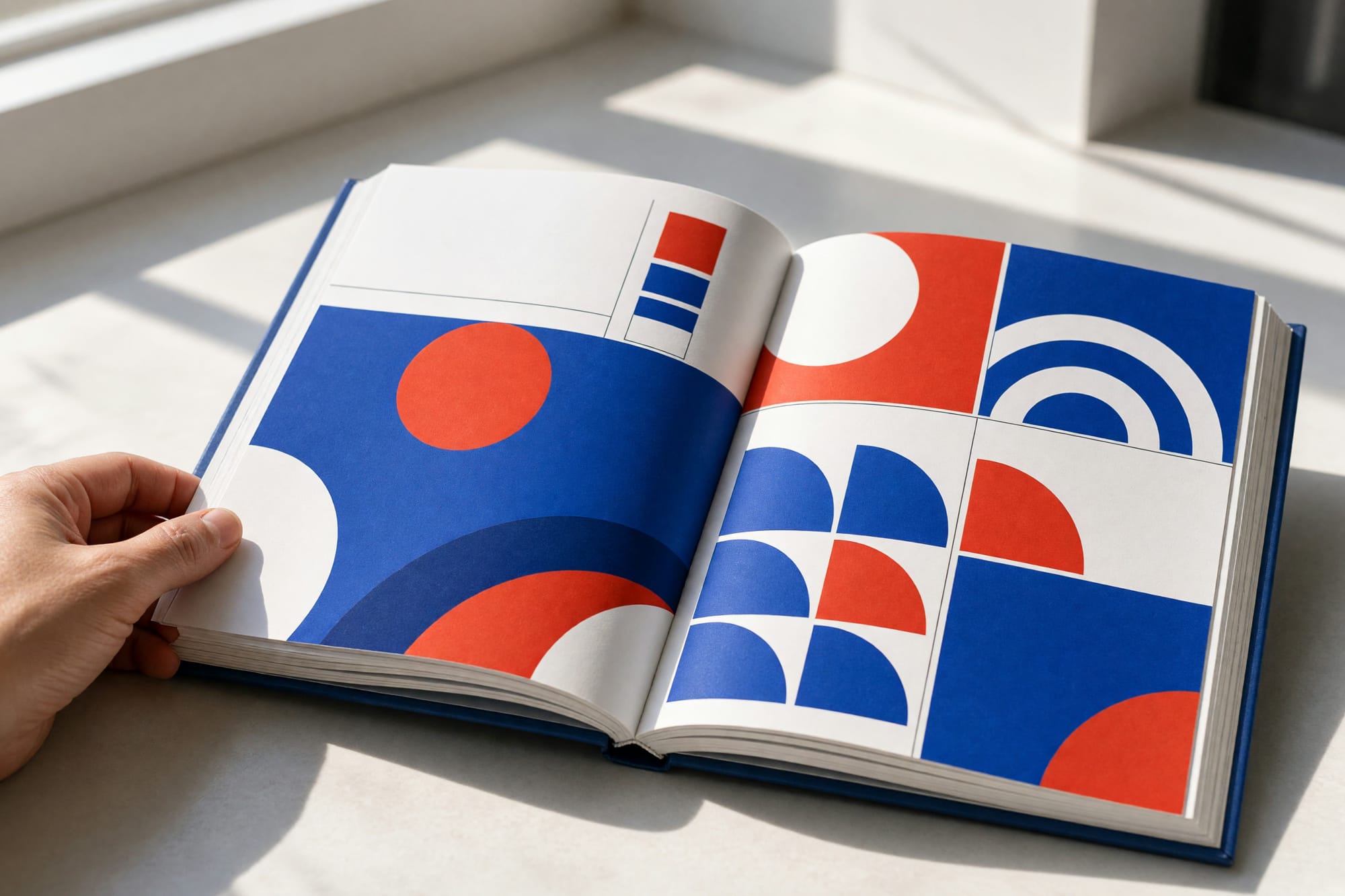 A brand guidelines book open on a table in a bright room