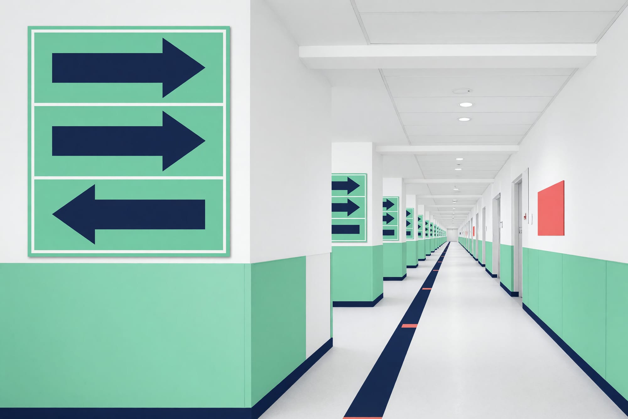 Mint and navy signage seen at distance down a clinic corridor