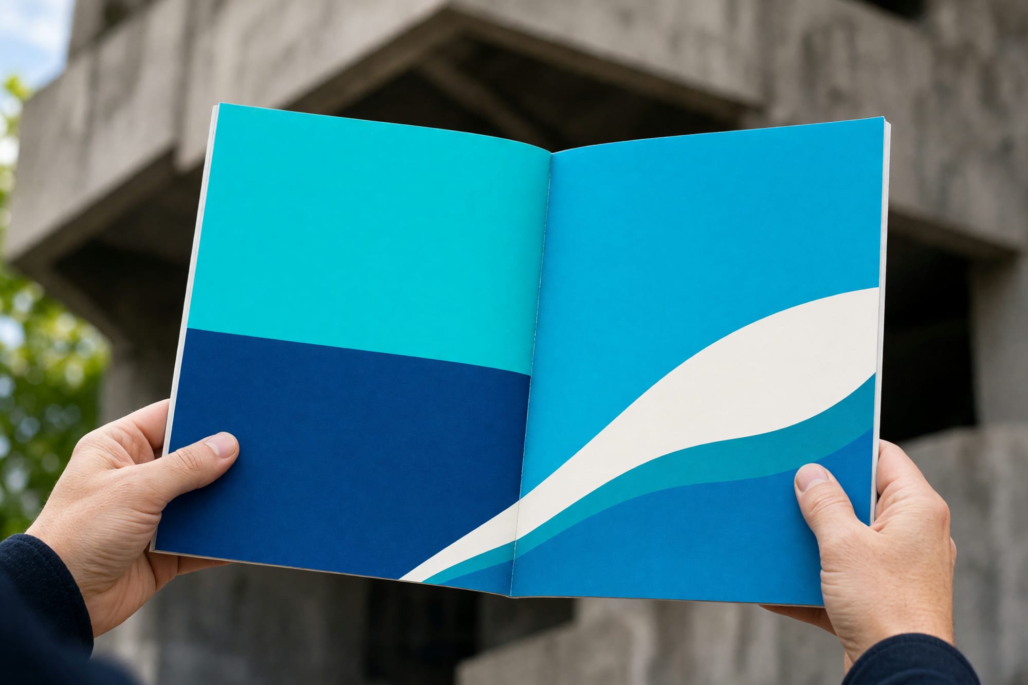 Aqua-branded printed correspondence held open outdoors