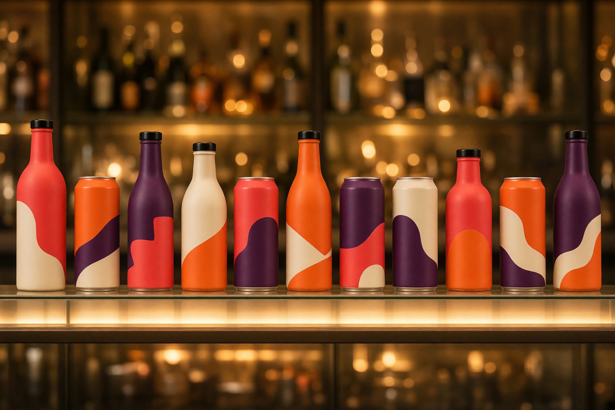 A full drinks range lined up on a backlit bar shelf
