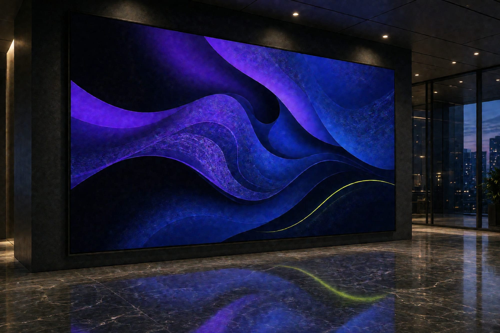 A violet product interface on a large screen in an office lobby