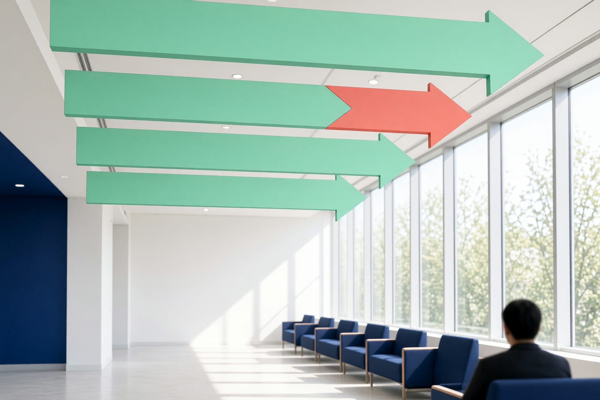Large mint directional panels in a clinic waiting area