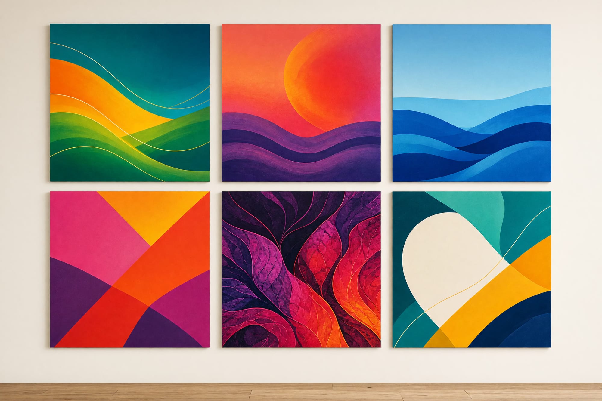 A studio wall of large branded prints in daylight