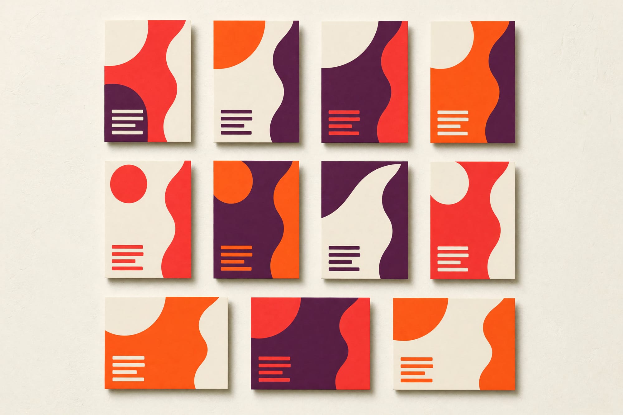 Eleven labels as one system, laid out flat